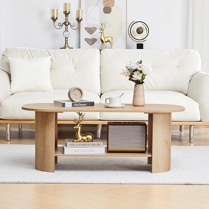 43.3” Oval Coffee Table with Storage, Wood Coffee Tables for Living Room, Farmhouse Center Table with 2-Tier Storage Shelf Low Tea Table for Small Space, Home, Office (Natural)