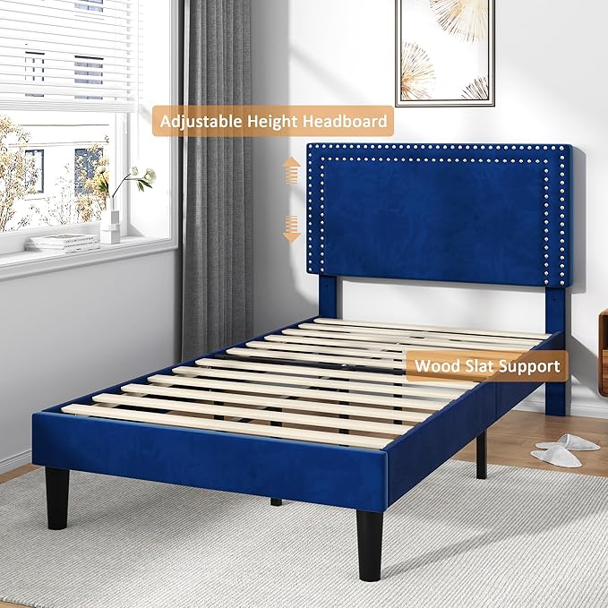 VECELO Twin Size Platform Bed Frame with Adjustable Upholstered Headboard, Strong Wood Slat Support, No Box Spring Needed, Easy Assembly