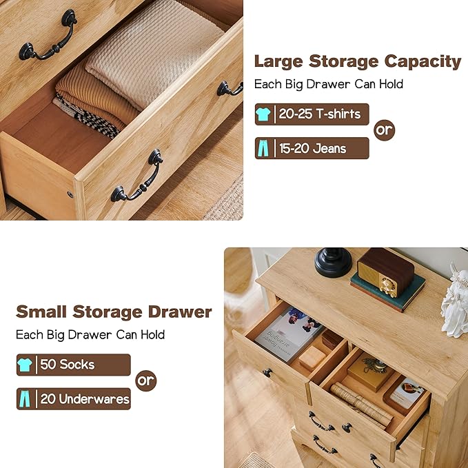 T4TREAM 6 Drawers Dresser Chests for Bedroom, 48" Tall Rustic Chset of Drawers, Wood Dressers Organizer for Bedroom, Living Room,Hallway, Natural Oak