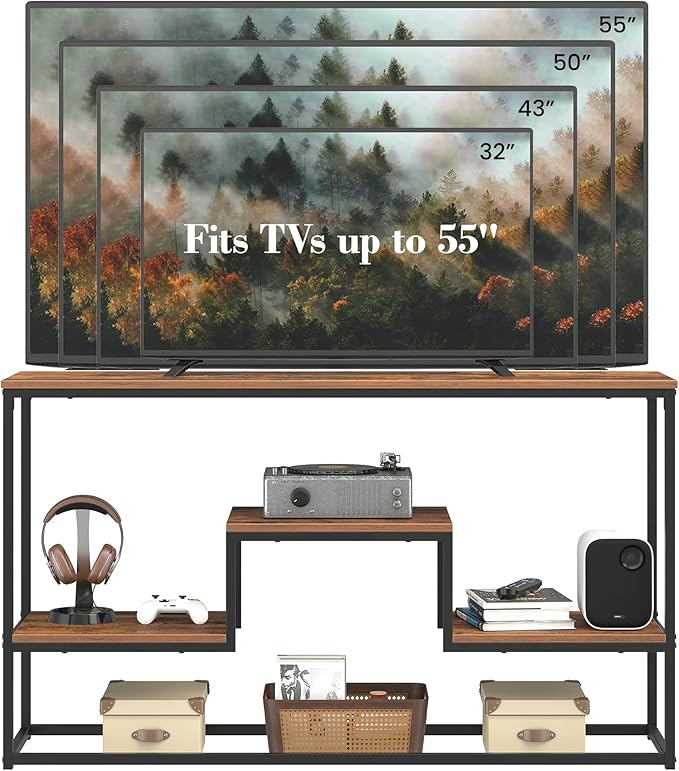 Tall TV Stand for TVs up to 55 Inch, TV Console Table with 3-Tier Open Storage Shelves, Modern Industrial Entertainment Center for Living Room, Bedroom，Rustic Brown