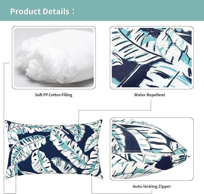 Outdoor Lumbar Pillows 12x20 inch, Rectangle Throw Pillows with Inserts, Decorative Lumbar Cushions for Patio Furniture Garden Couch Home Sofa Office Chair, Pack of 2, Baltic Palms White