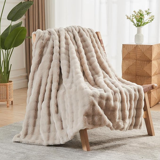 NEWCOSPLAY Faux Fur Twin Blanket Linen Bubble Blanket Thick Warm Soft for Couch Sofa Bed 550GSM (Linen, Twin(60"x80"))