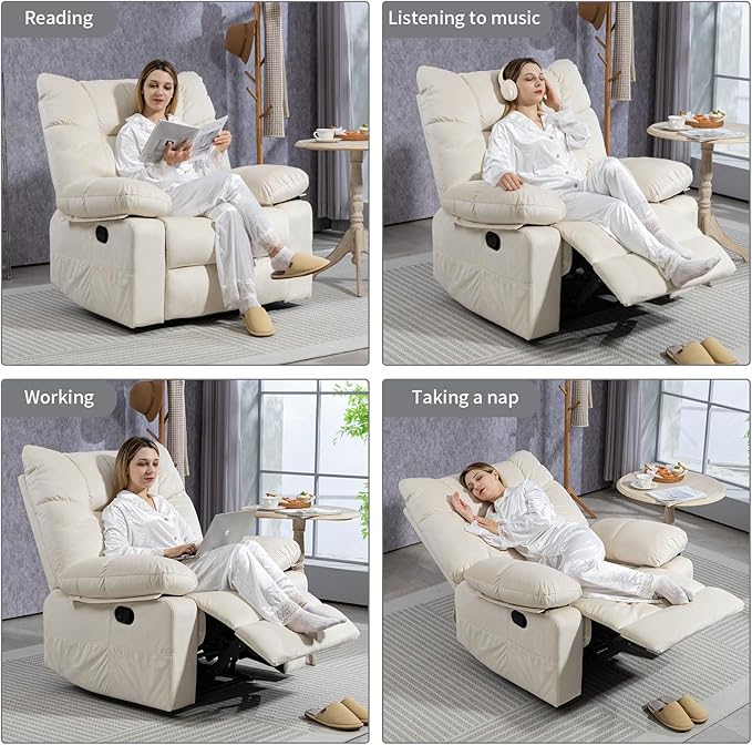 Large Boy Lazy Recliner Chair for Adults, Extra Soft and Wide Back Recliner Sofa in Velvet, Overstuffed Manual Reclining Chair for Living Room, Bedroom, Reception Room, Office, White Cream