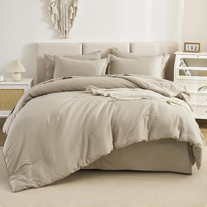 Litanika Comforter King Size Set Oatmeal - 7 Pieces Bed in a Bag King Bedding Comforter Sets, Plain Lightweight Bed Set with Comforter, Sheets, Pillowcases & Shams