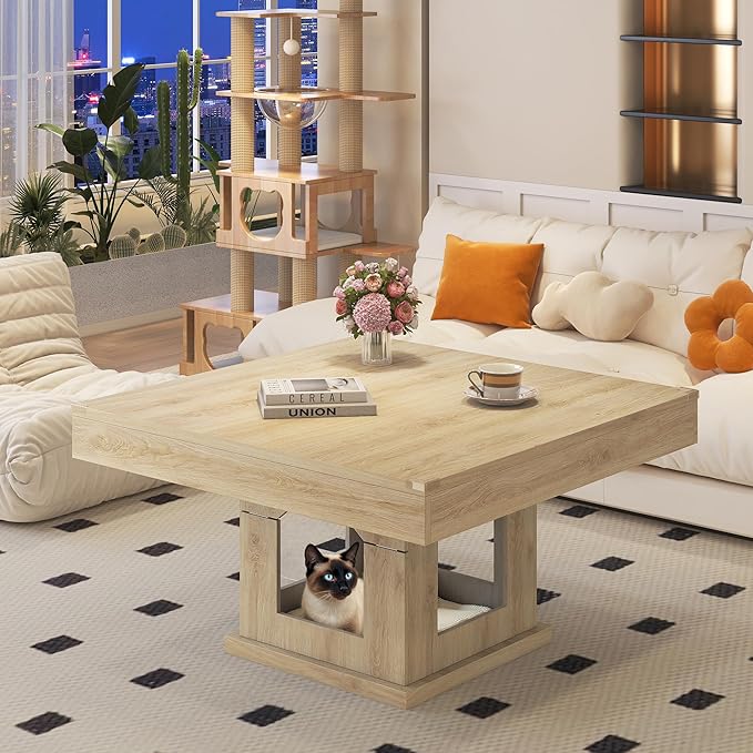 Square Coffee Table, Wooden Coffee Table with Storage and Cat House, Cocktail Table for Living Room, Farmhouse Large Natural Wood Center Table