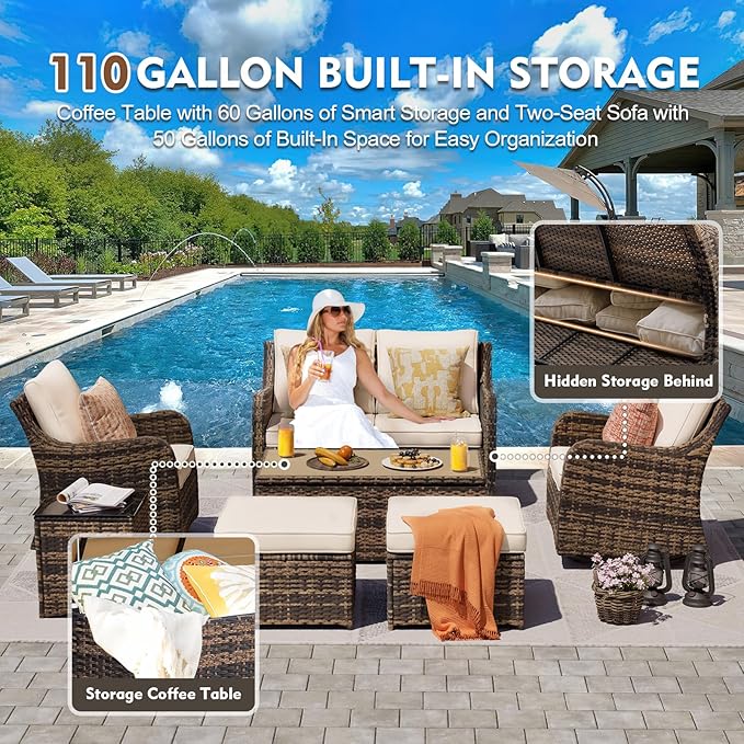 Outdoor Patio Furniture Set with Swivel Chairs, 7 Pieces Wicker Rattan Sofa Couch with Loveseat, Patio Conversation Set with Rocker Patio Chair, 2 Ottomans and Coffee Table (Brown)