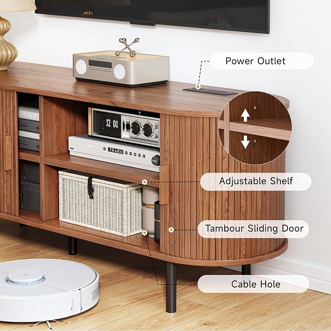 TV Stand with Power Outlet, Mid-Century Modern Television Stand, Media Console with Sliding Doors, Entertainment Center for TVs up to 60 Inch, Adjustable Shelves, Walnut