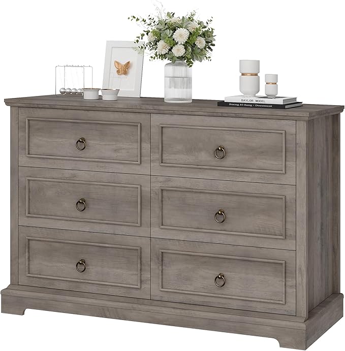 HOSTACK 6 Drawer Dresser for Bedroom, Modern Farmhouse Chest of Drawers, 47.2" Wide Wood Double Dresser, Rustic Brown Storage Cabinet for Living Room, Entryway, Hallway, Ash Grey