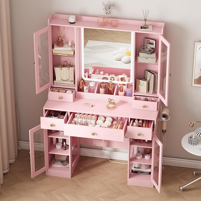 Pink Vanity Desk with Mirror and Lights, Makeup Vanity Table with Lighted Mirror, 5 Drawers & RGB Cabinet, Dressing Table Set with Charging Station for Girls Bedroom, 3 Lighting Modes