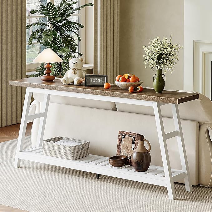ChooChoo 70.9 Inch Long Console Tables for Entryway, Wood 2-Tier Entry Hallway Table, Narrow Sofa Table Behind Couch Table for Living Room, Entrance, White & Brown
