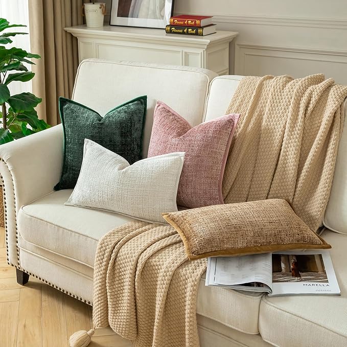 Yaertun Pack of 2 Chenille Textured Decorative Throw Pillow Covers Accent Solid Cushion Cover Soft Cozy Pillow Case with Velvet Back for Couch Sofa Bed Living Room 16x24 Inch Light Brown