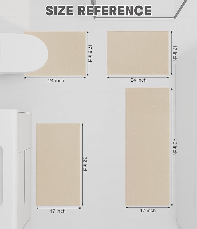 YIHOUSE Bathroom Rug Sets 4 Piece, Ultra Thin Bath Mat Fit Under Door, Quick Dry Absorbent Bath Mat for Bathroom Non Slip Machine Washable Floor Mat (Beige, 4 Piece)