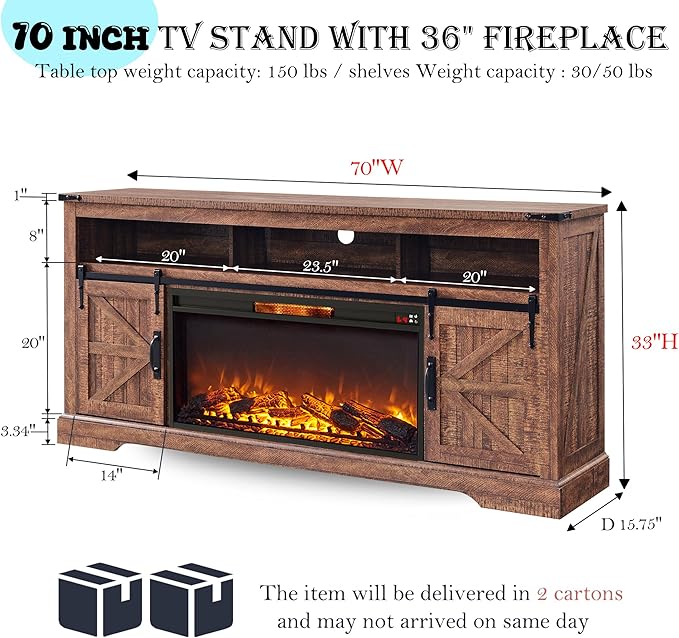 OKD Fireplace TV Stand for 80 Inch TV, 33" Tall Highboy Farmhouse Entertainment Center w/ 36'' Electric Fireplace, Rustic Media Console w/Sliding Barn Door for Living Room, Reclaimed Barnwood