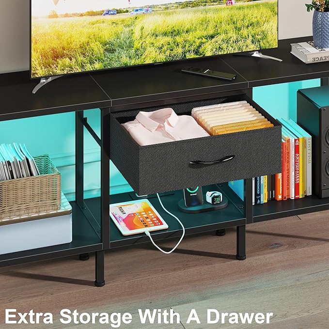 LED TV Stand with Power Outlet and Fabric Drawer for 55 50 45 Inches TV - Entertainment Center and Industrial TV Console Table for Living Room, Bedroom- 47" Black