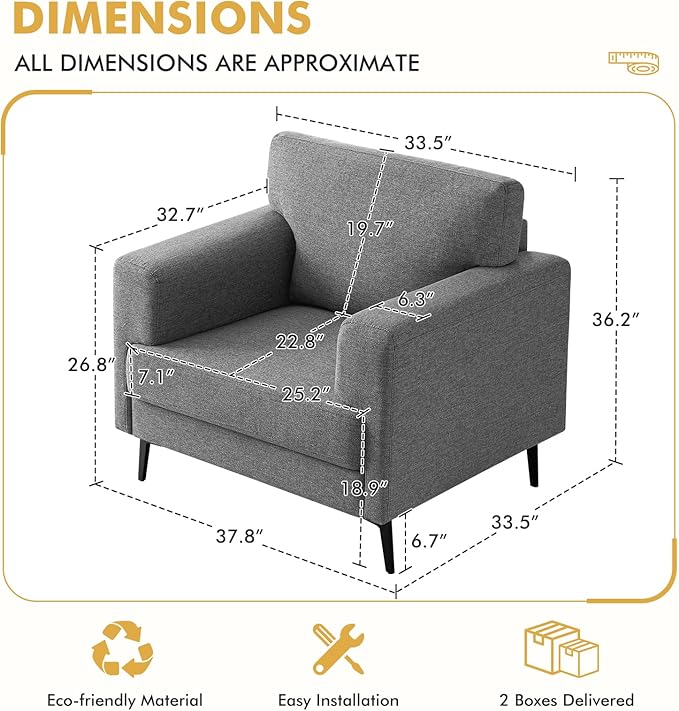 CDCASA Accent Chair, Linen Fabric Oversized Mid Century Modern Chair Set of 1, Comfy Upholstered Armchair Reading Accent Chairs Sofa Chairs for Bedroom Living Room, Dark Grey