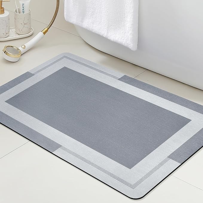 ACCUMTEK Ultra Thin Bath Mats Fit Under Door, Upgrade Backing Non Slip Bath Mat, Quick Dry Ultra Absorbent Bath Mat, Machine Washable Bathroom Rugs for Bathroom Floor, Bathtub, Kitchen, Grey, 24"x17"