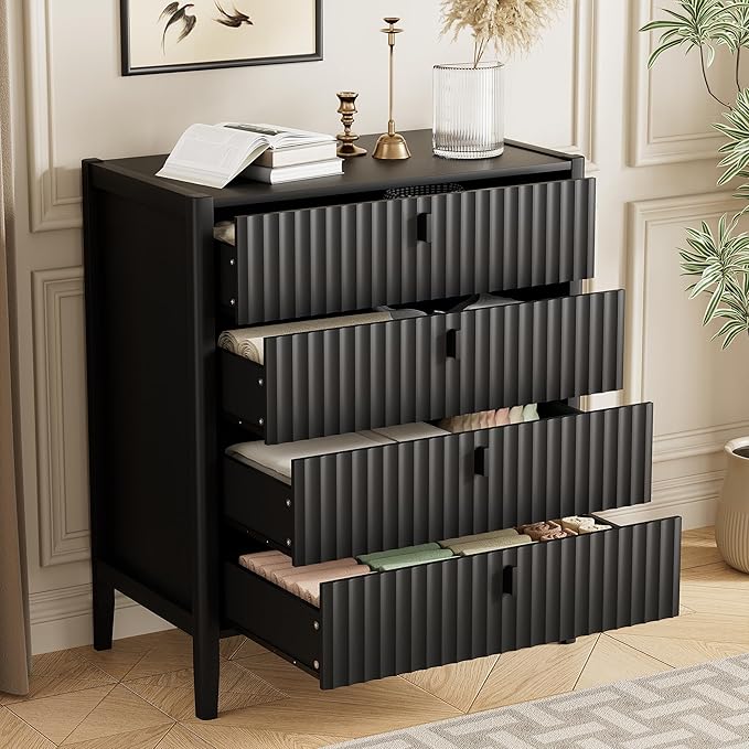 Black 4 Drawer Dresser, 31.5" Wide White Modern Dresser with Fluted Front & Metal Handles for Bedroom, Living Room