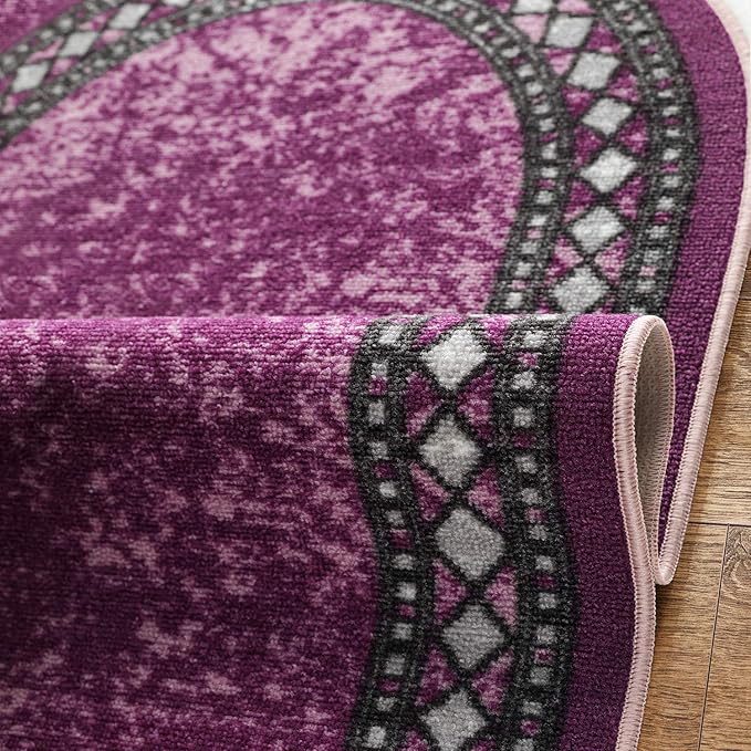 Antep Rugs Alfombras Modern Bordered 2x5 Non-Skid (Non-Slip) Low Profile Pile Rubber Backing Kitchen Area Rugs (Purple, 2' x 5' Oval)