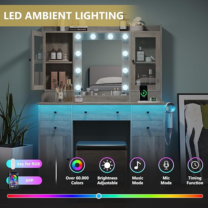 Makeup Vanity Desk with Mirror and Lights, Grey Vanity Table Set with Storage Drawers, Charging Station, Cabinets & Chair, Large Dressing Table with RGB Ambient Light for Women Girls Bedroom Bathroom