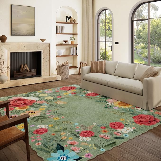 8'x10' Washable Rugs for Living Room, Soft Lightweight Non Slip Stain Resistant Dining Room Vintage Boho Floral Green Rug Easy Clean Throw Carpet for Bedroom