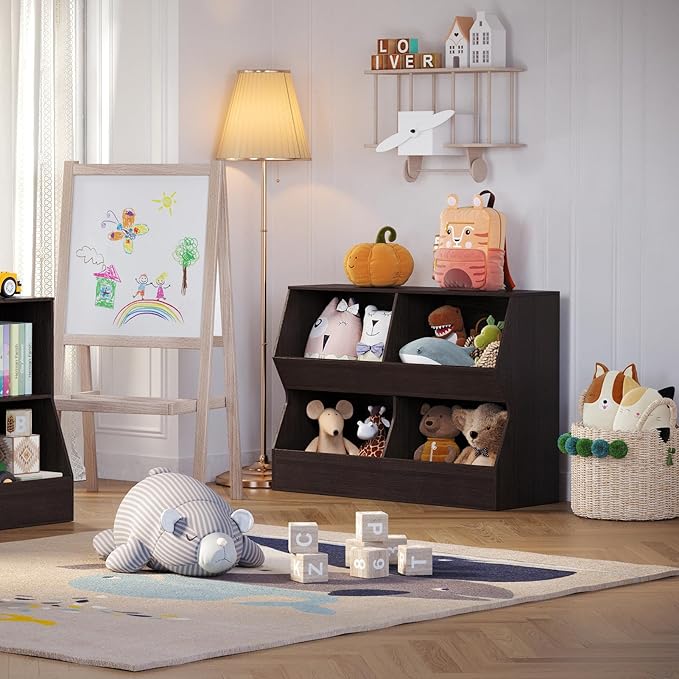 DINZI LVJ Kids Bookshelf, Toy Storage Organizer, Wooden Toy Storage Cabinet, 4 Cubby Children Bookcase, 43.3" L Toddler Book Shelf for Bedroom, Nursery, Hallway, School, Espresso