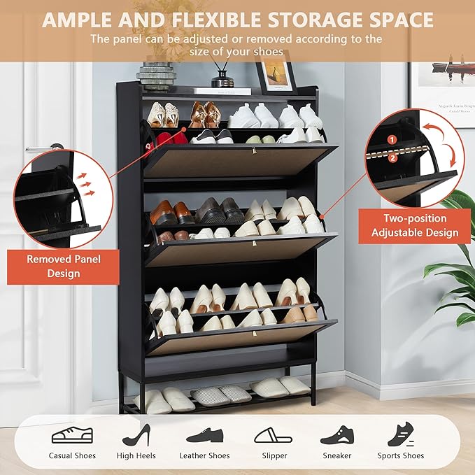 LEVNARY Shoe Cabinet for Entryway, Slim Shoe Cabinet with 3 Flip Drawers Narrow Shoe Storage Cabinet, 4 Tier Freestanding Shoe Organizer for Entryway, Hallway (2, Black)