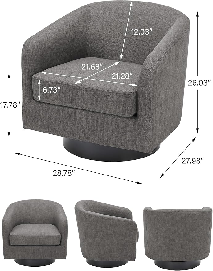 Swivel Barrel Accent Chair, Modern Round Linen Arm Chair for Living Room, Bedroom, Comfy Club Reading Chairs for Adults（Linen Fabric, Grey, Set of 2