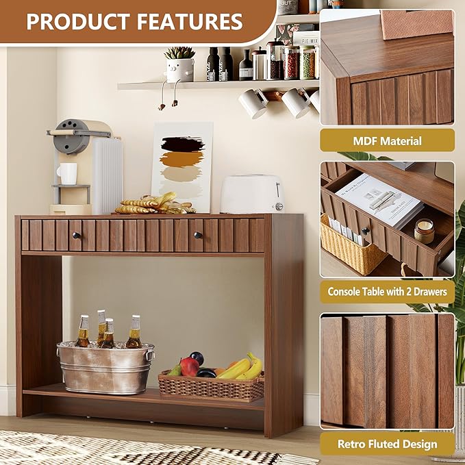 Console Table with Drawers, Narrow Mid-Century Fluted Entryway Table Sofa Table with Storage Shelf, Wood Entry Table Accent Behind Couch Table for Entrance, Hallway, Living Room (Walnut)