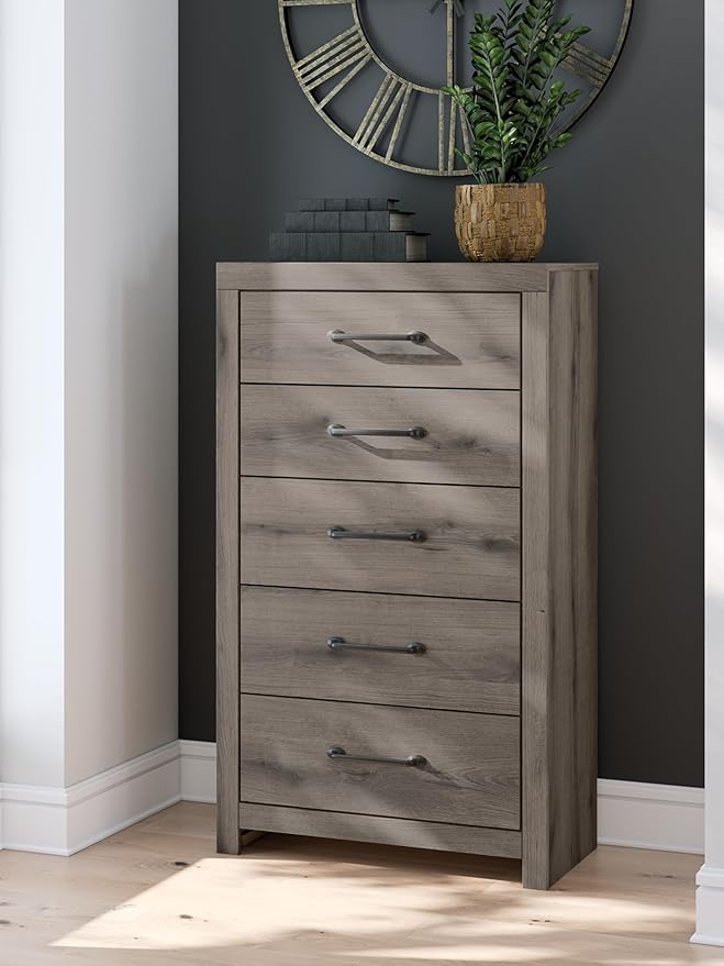 Signature Design by Ashley Urbanoore Rustic 5-Drawer Chest of Drawers with Safety Stop, Gray