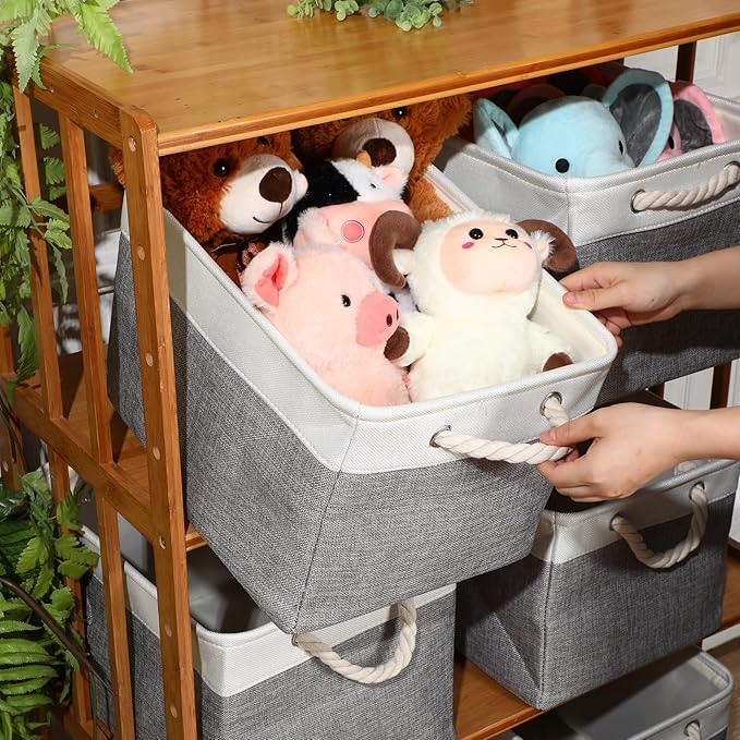 meekoo 8 Pack Collapsible Storage Bins Fabric Storage Bins Polyester Fabric Baskets with Handles Linen Closet Organizer for Shelf Home Closet Towels Toys(15 x 11 x 9.5 in,Gray White)