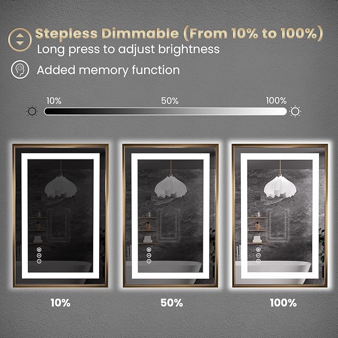 Amorho 60"X30" LED Bathroom Mirror, Gold Metal Framed Mirror with Front Light and Backlit, Stepless Dimmable, Anti-Fog, Shatter-Proof, Memory, 3 Colors