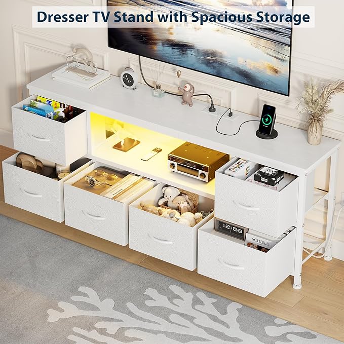 Lulive TV Stand for Living Room, LED White Dresser for Bedroom with 6 Fabric Drawers,43 55 60in TV Stand with Power Outlet, Entertainment Center with Open Shelf