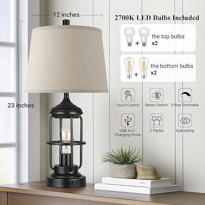Qimh Table Lamp for Bedroom Set of 2 with USB A+C Ports, Farmhouse Bedside Lamp with Night Light, 3-Way Dimmable Touch Control, Rustic Industrial Nightstand Lamp for Living Room, Bulbs Included, Black