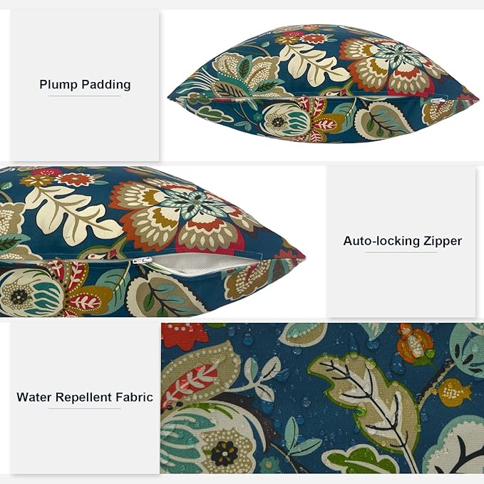 Outdoor Throw Pillows with Inners, All Weather Patio Pillows Set of 2, Square Pillows Decorative for Home Garden Furniture, 20x20 Inch, Peacock Blue