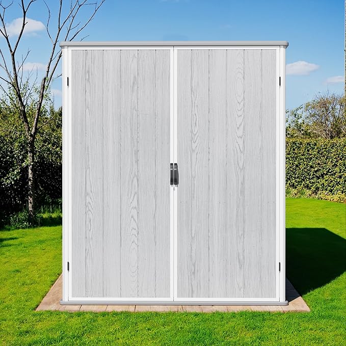 Greesum 5×3FT Plastic Outdoor Storage Shed with Floor, Resin Storaged Sheds with Lockable Door, Window & Vent, All-Weather Tool Sheds for Garden, Backyard, Patio, Light Gray (4.7×2.5FT)