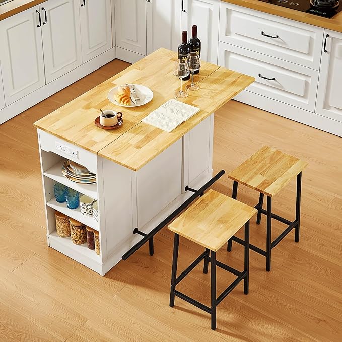 Stationary Kitchen Islands Include 2 Chairs, 47" Kitchen Island with Drop Leaf, Home Bar Table with Spice Rack & with Trash Cabinet, Island Table for Dining Room with Power Outlet, White