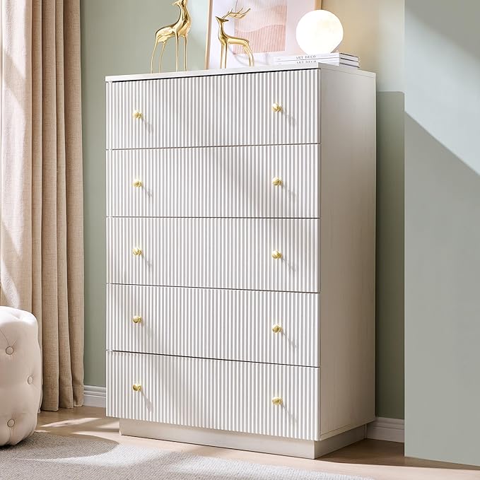 Fluted Dresser for Bedroom, White 5 Drawer Dressers, Wood Tall Dresser Storage Organizer, Chest of Drawers with Deep Storage, Modern Bedroom Chest for Closet Hallway, Entryway, Living Room
