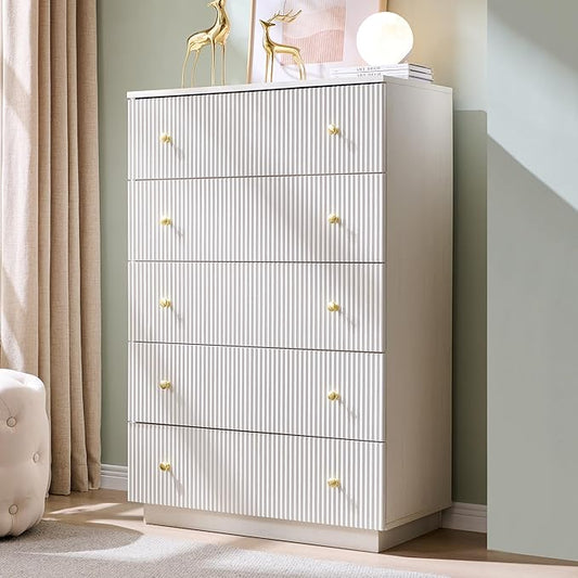 Fluted Dresser for Bedroom, White 5 Drawer Dressers, Wood Tall Dresser Storage Organizer, Chest of Drawers with Deep Storage, Modern Bedroom Chest for Closet Hallway, Entryway, Living Room