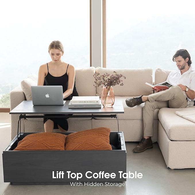 Transformer Table Lift Top Coffee Table with Storage, Black Coffee Table for Living Room, Home Office & Dining, Space-Saving Small Coffee Desk with Panel Hidden Storage for Transformer Dining Table
