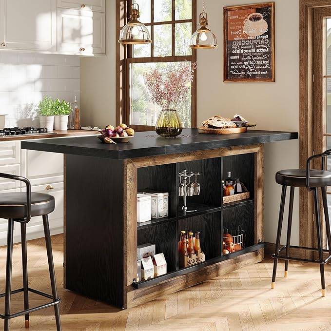 Tribesigns Kitchen Island with Storage, Counter Height Kitchen Island Table with 6 Open Cubbies and Footrests, Coffee Bar Table for Dining Room