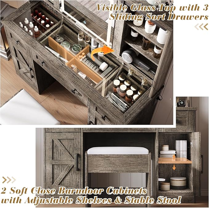 Farmhouse Makeup Vanity Desk with Sliding Mirror and Lights, 47'' Glass Tabletop Vanity Table with Charging Station, Large Vanity Set with Drawers, Stool, Barn Door Dressing Cabinets, Gray