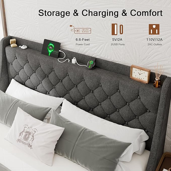 Upholstered King Size Bed Frame with 4 Storage Drawers, Platform Bed Frame with Wingback Headboard, Charging Station, No Box Spring Needed, Dark Grey