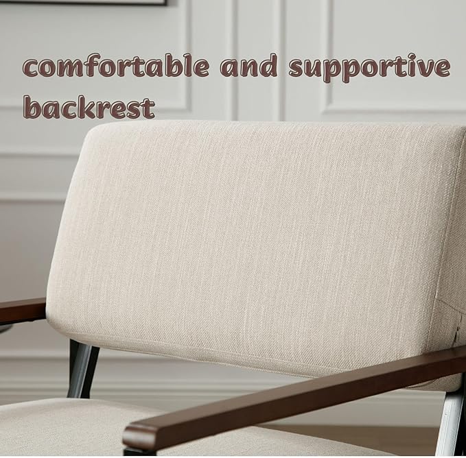 Mid Century Modern Accent Chair Arm Chairs, Comfy Armchair Linen Upholstered with Black Metal, Beige