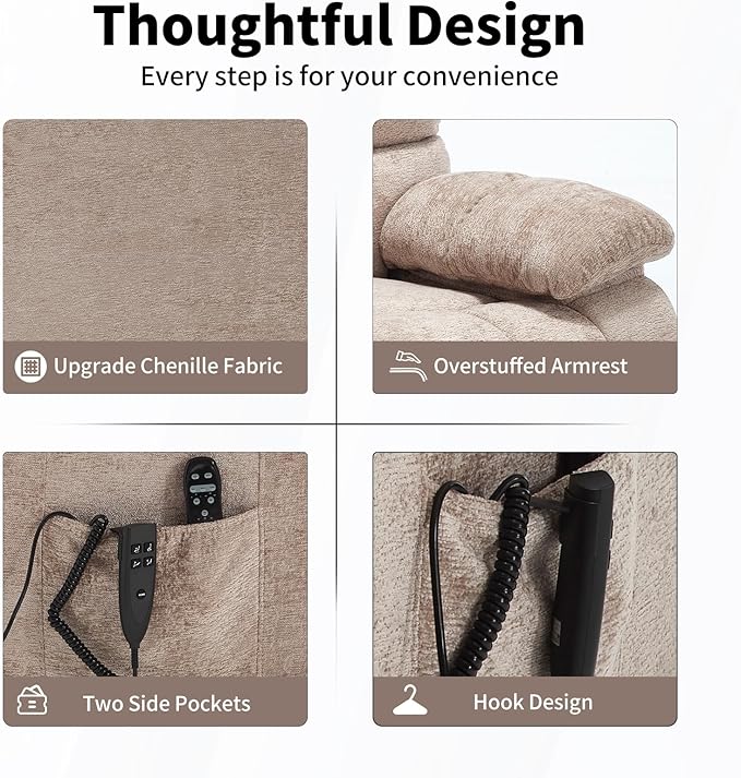 Lay Flat Recliner with Vibration Massage and Lumbar Heating, 26'' Wide Recliner Chair with Infinite Position and 2 Remote Controls, Soft Chenille Lift Recliner for Living Room, Khaki