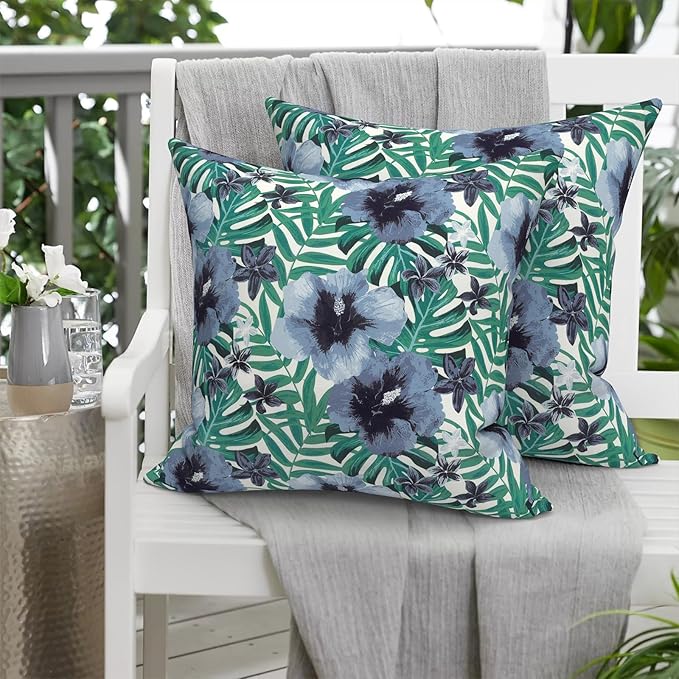 Pack of 2 Patio Throw Pillow Covers ONLY, Water Repellent Cushion Cases 20x20 Inch, Square Pillowcases for Outdoor Couch Decoration, Blue Salmone Tropical