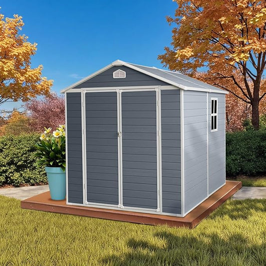 6' x 8' Resin Storage Shed Outdoor, PP Material & Strong Structure for All Weather, Plastic Garden Shed w/Window for Garden, Backyard, Poolside and Lawn, 15mm Thick PP Board - Light Grey