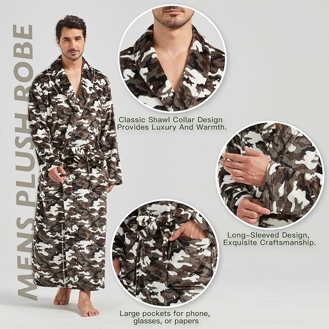 FashGudim Mens Robes Big and Tall Full Length Plush Fleece Long Robe for Men Bathrobe Shawl Collar Warm Winter House Robes
