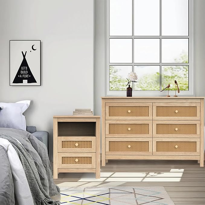 Farmhouse 6 Drawers Dresser with 2pcs Nightstands, Wood Double Dresser Chest of Drawers Wide Storage Organizer Cabinet for Bedroom, Living Room, Natural