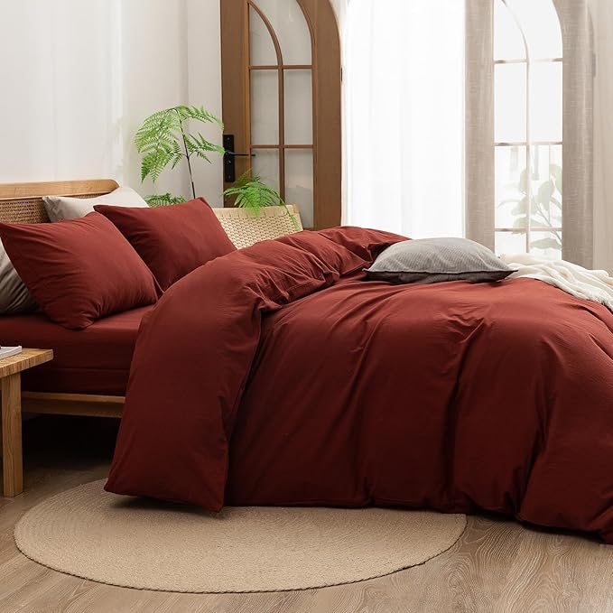 BESTOUCH Duvet Cover Set 100% Washed Cotton Linen Feel Super Soft Comfortable Chic Lightweight 3 PCs Home Bedding Set Solid Fired Brick Red Oversized King