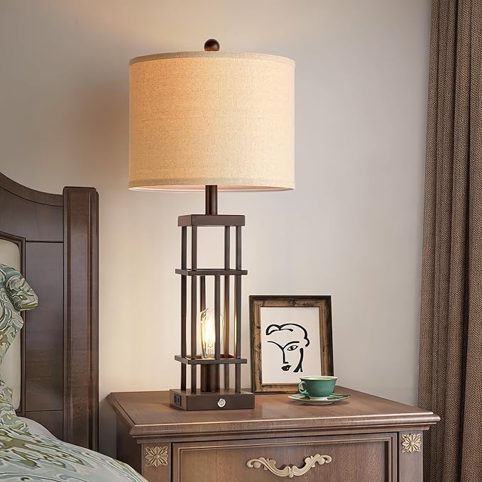 29.5" Table Lamps for Living Room Set of 2, Farmhouse Table Lamps with USB C+A Ports, Touch Control Bedside Lamps with Oil Rubbed Bronze Finish, Bulbs Included